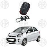 KIA Picanto Leather Key Cover & Metal Keychain Ring Stylish Black Design