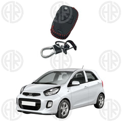 KIA Picanto Leather Key Cover & Metal Keychain Ring Stylish Black Design