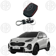 Kia Sportage Leather Key Cover with Keychain Ring Stylish Black Design