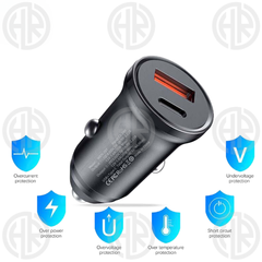 Universal 25W Car Charger Dual Port USB C & USB Power Adapter