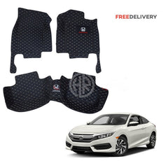7D Floor Mats Black 3 Pcs for Honda Civic 2016-2024