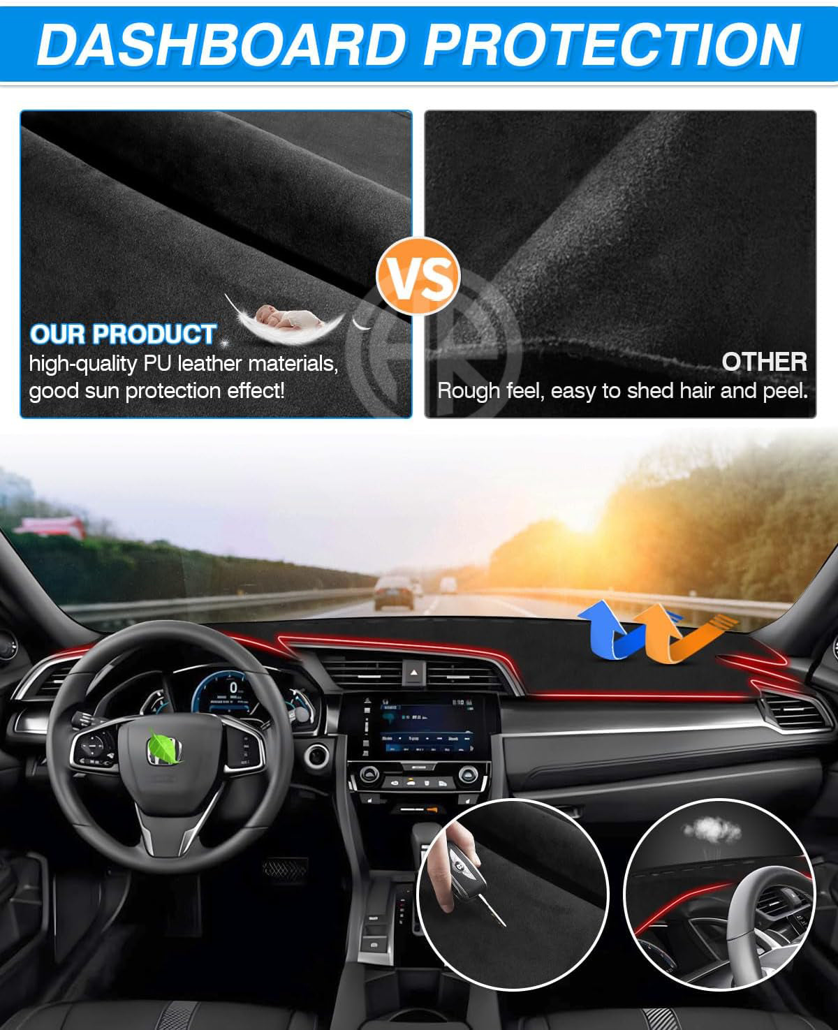 Dashboard Carpet Black for Honda Civic X 2016-2021