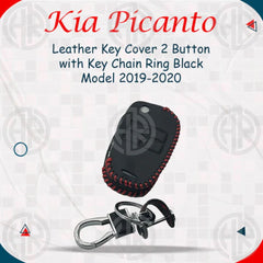 KIA Picanto Leather Key Cover & Metal Keychain Ring Stylish Black Design