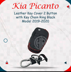Black Leather Key Cover with Key Chain Ring For KIA Picanto