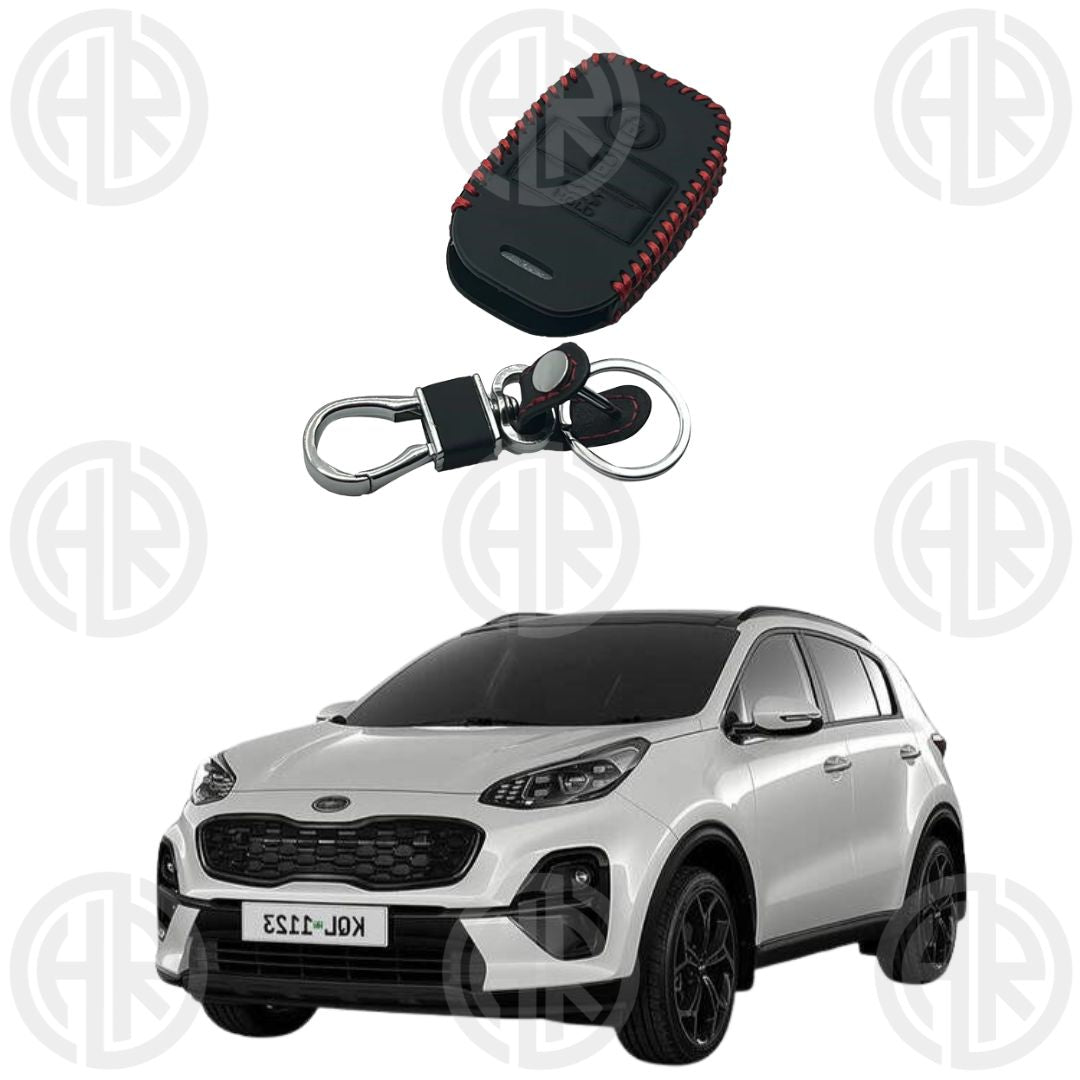 Kia Sportage Leather Key Cover with Keychain Ring Stylish Black Design