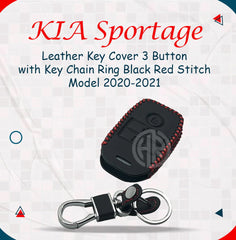 Black Leather Key Cover with Keychain Ring For Kia Sportage