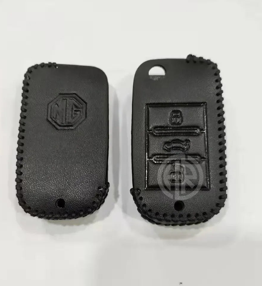 Black Leather Key Cover with Keychain Ring For MG ZS