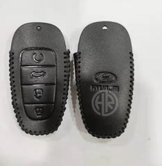 Premium Black Leather Key Cover with Keychain Ring For Hyundai Sonata