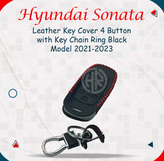 Premium Black Leather Key Cover with Keychain Ring For Hyundai Sonata