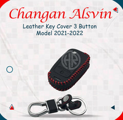 Stylish Black Leather Key Cover with Key Chain Ring For Changan Alsvin