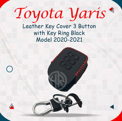 Leather Key Cover with Key Chain Ring Black for Toyota Yaris 1.5