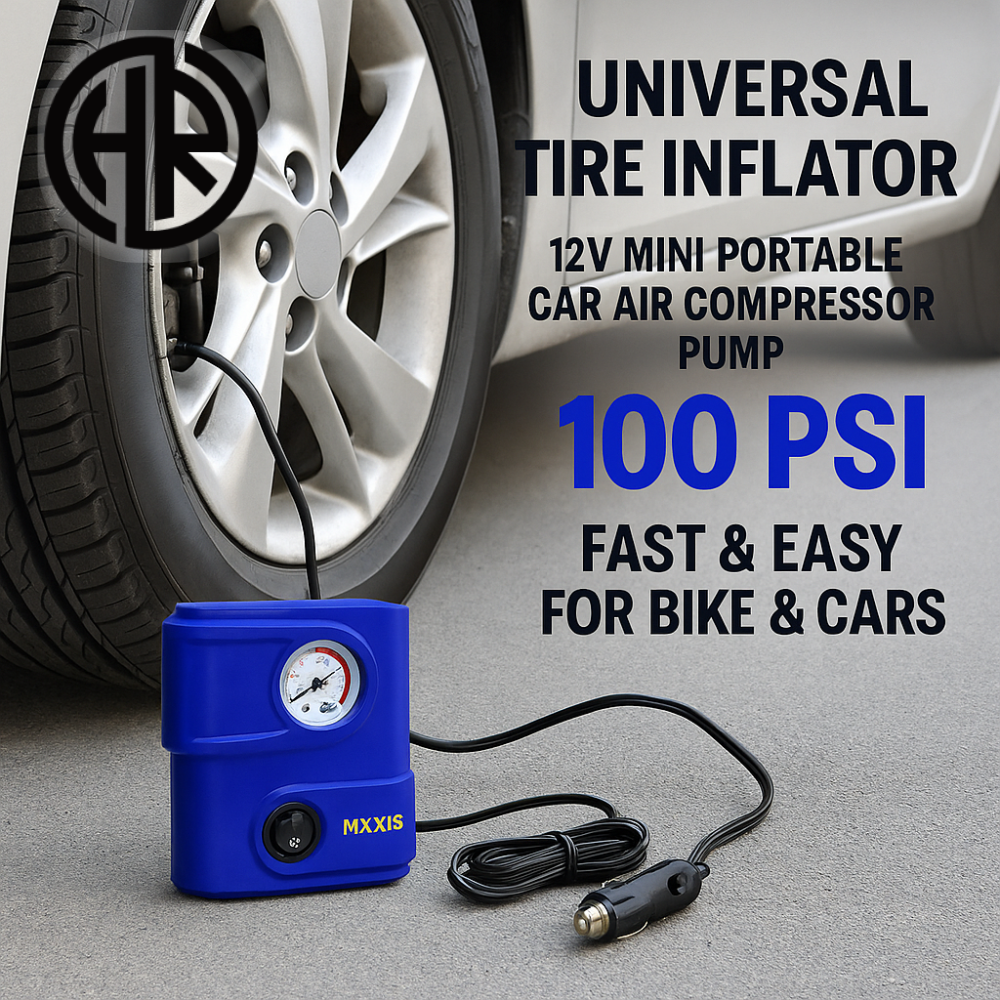 Universal Tire Inflator 12V Mini Portable Car Air Compressor Pump 100 PSI Fast & Easy for Bike & Cars