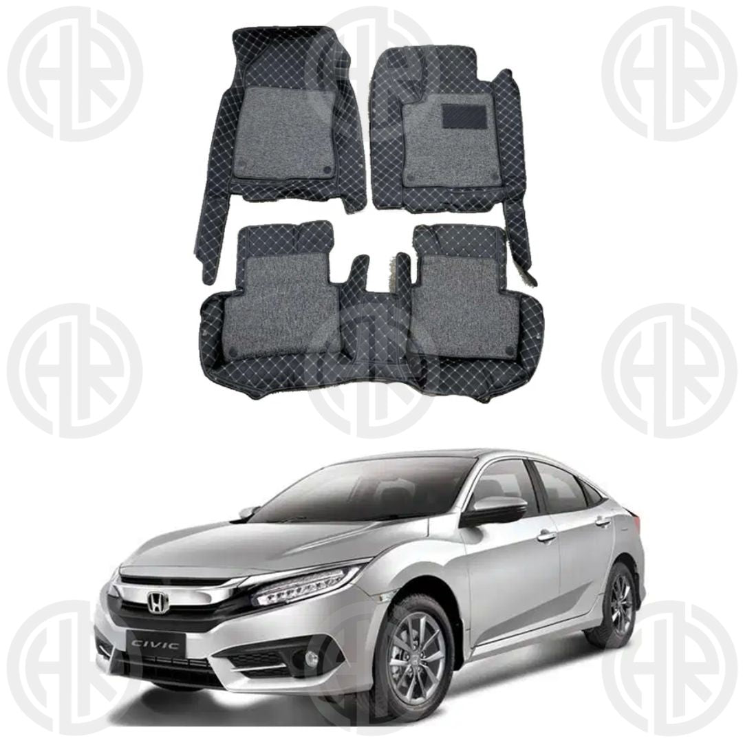 Honda Civic X Luxury 9D Floor Mats 2016-21 Stylish Black 3Pcs Car Mats