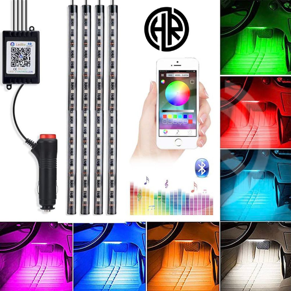 RGB Atmosphere LED Car Interior Lights with Remote & Music Sync App Control 4pcs 12V Strip Light Kit for All Cars